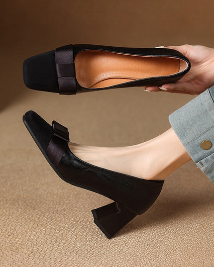 Retro Square Head Stitching Chunky Heel Pumps Women's Spring And Autumn New Bow Low-cut High Heels