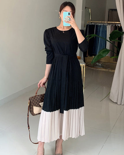 Round Collar Color Patchwork Pleated Dress Long Skirt Woman