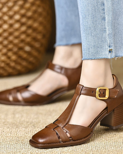 Women's Chunky Heel Hollow Buckle Pig Cage Closed Toe Sandals