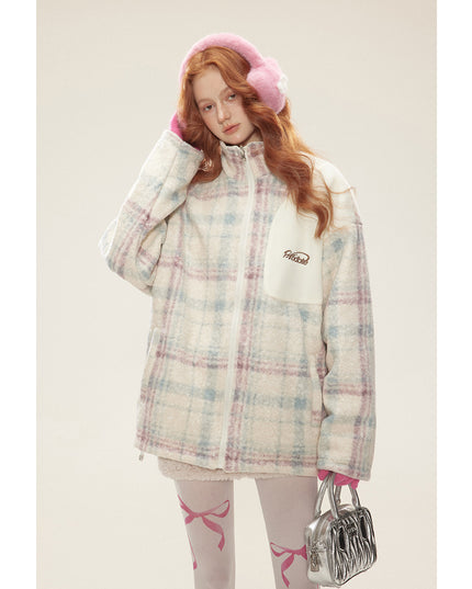 Preppy Style Plaid Double-sided Wear Winter Cotton Dress Women's Vintage Lamb Wool Coat