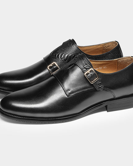 Men's First Layer Cowhide Summer Round Toe Double Buckle Retro Style Business Leather Shoes