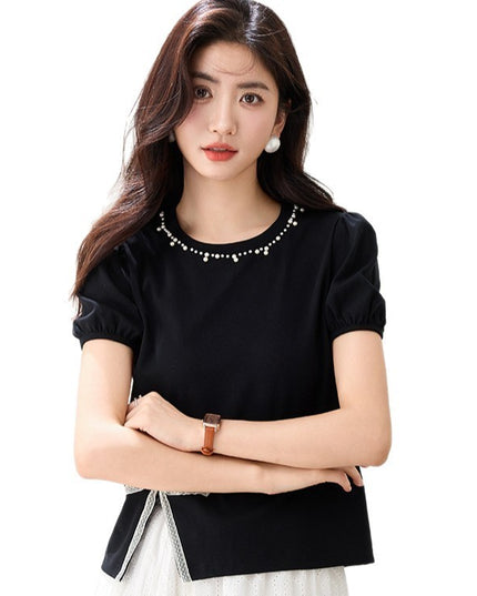 Round Neck Design Bow Beaded Short Top