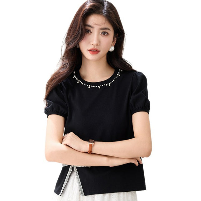 Round Neck Design Bow Beaded Short Top