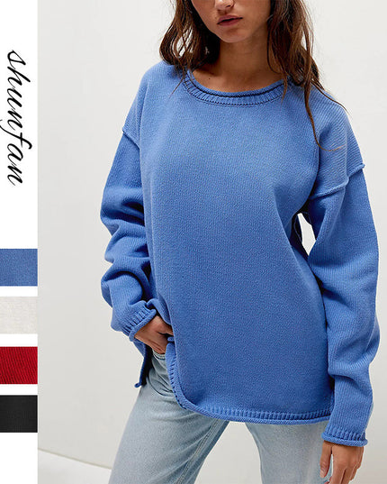Women's Knitted Solid Color Round Neck Pullover Loose Sweater