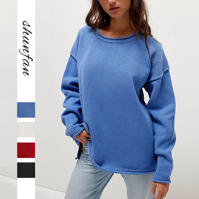 Women's Knitted Solid Color Round Neck Pullover Loose Sweater