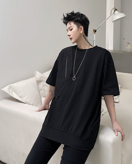Personality Trend Stitching Functional Zipper Short Sleeve T-shirt For Men