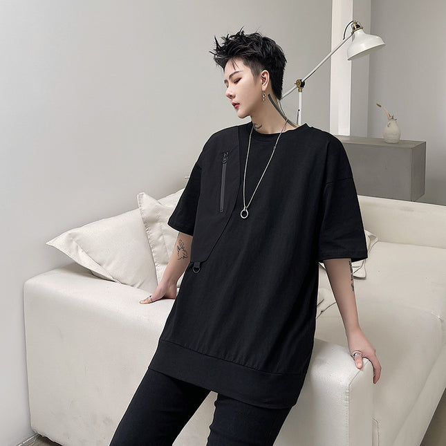 Personality Trend Stitching Functional Zipper Short Sleeve T-shirt For Men