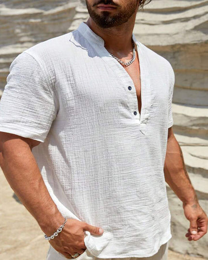Men's Cotton And Linen Double-layer Solid Color Cuban Collar Short Sleeve Shirt