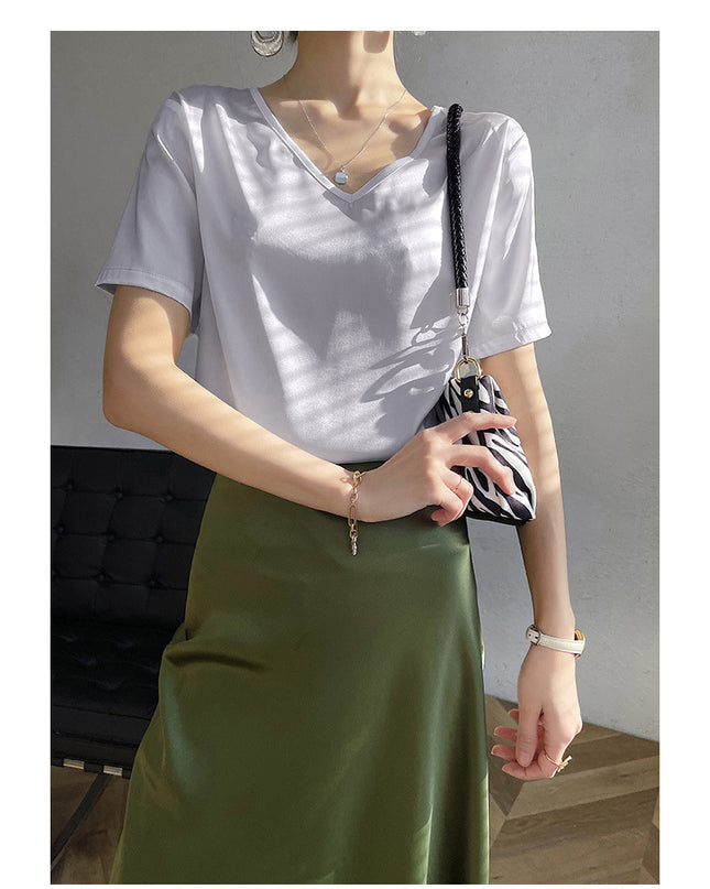 Short Sleeve Loose V-neck Satin Bottoming Solid Color Inner Wear Suit Top