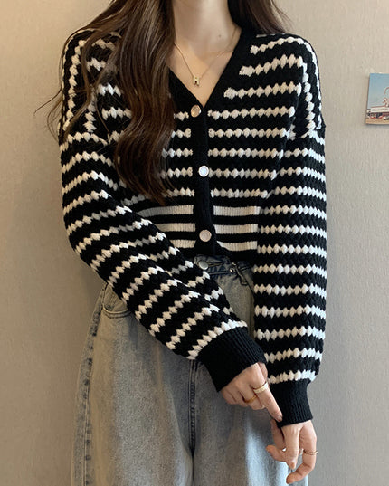 French Style Classic Style Cardigan Knitted Short Striped Sweater