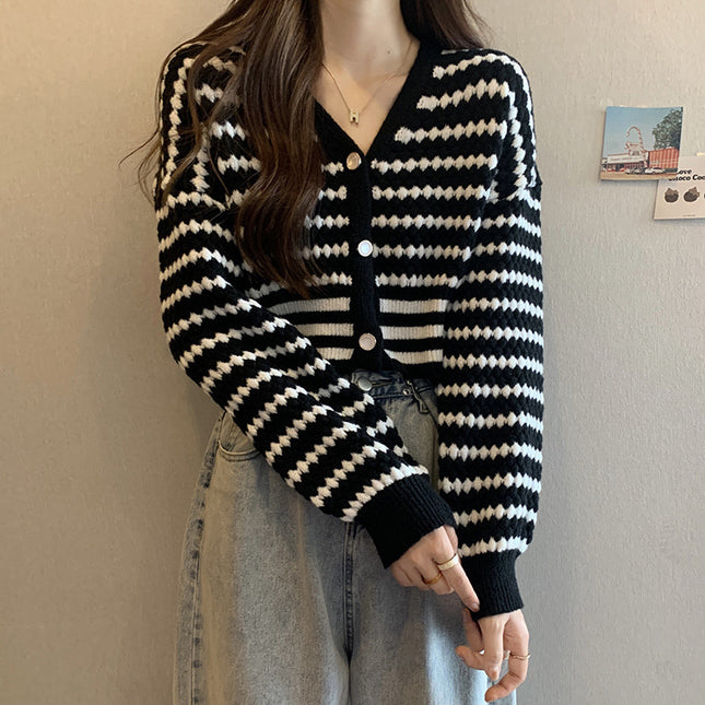 French Style Classic Style Cardigan Knitted Short Striped Sweater