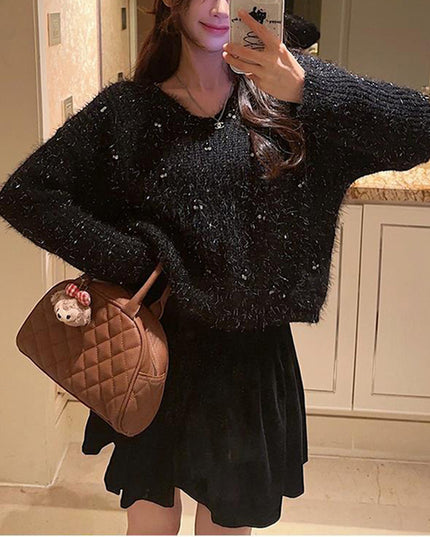 Women's Heavy Industry Beaded Loose Red New Year Pullover Sweater