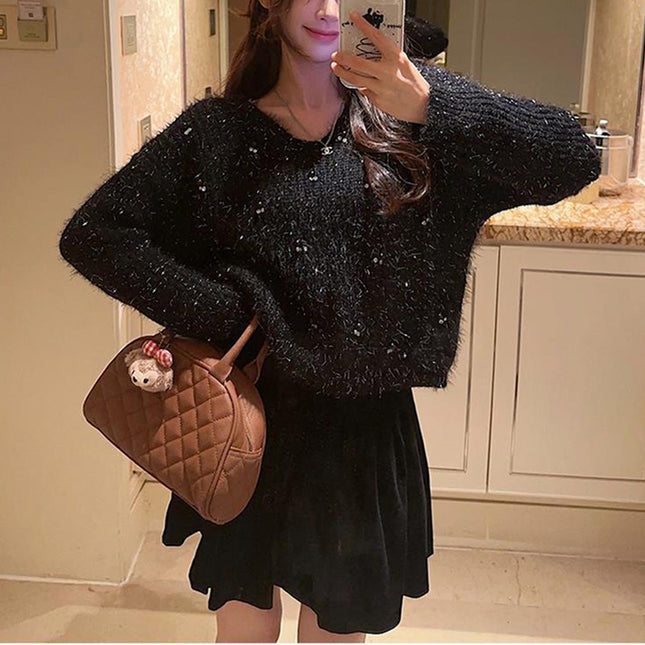 Women's Heavy Industry Beaded Loose Red New Year Pullover Sweater