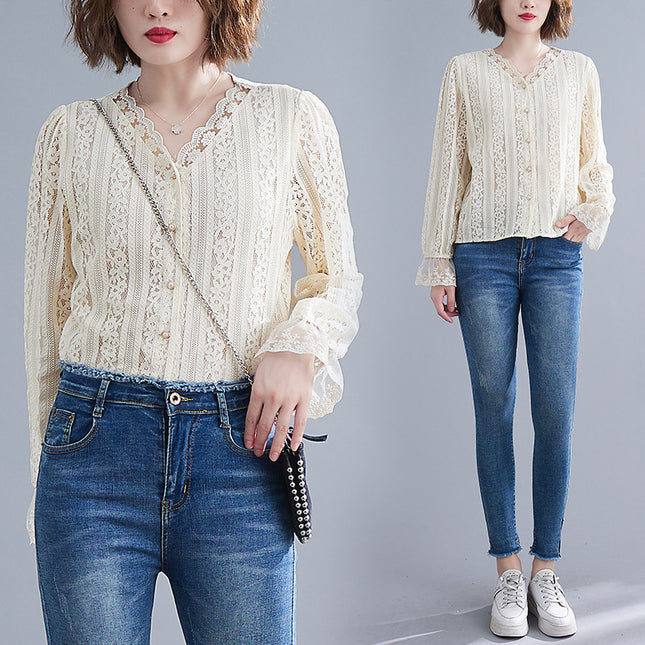 Women's V-neck Loose And Slim Lace Shirt
