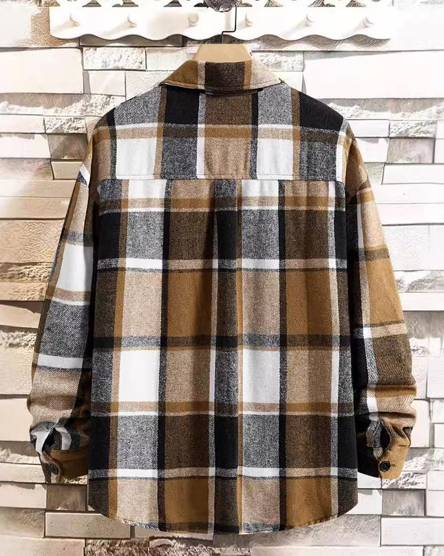 FallWinter Slim Brushed Plaid Long Sleeve Flannel Shirt Men