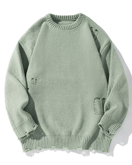 Retro Hollow-out Ripped Design Round Neck Sweater
