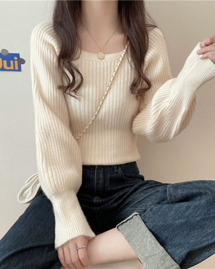 Western Style Low Collar Long Sleeves Top Slim-fit Sweater
