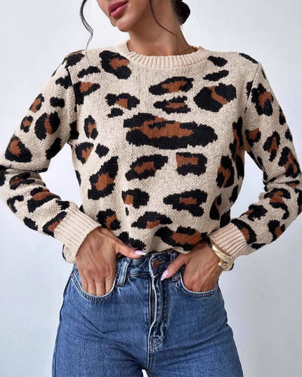 Round Neck Retro Commute Leisure Contrast Color Leopard Print Pullover Sweater