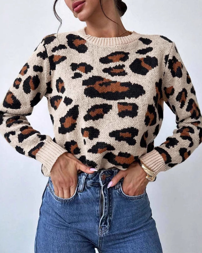Round Neck Retro Commute Leisure Contrast Color Leopard Print Pullover Sweater