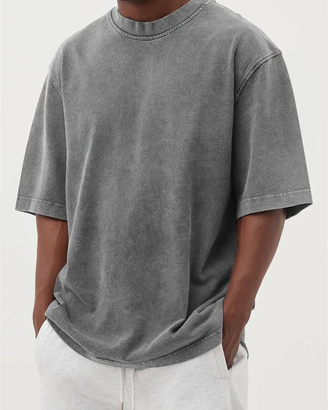 Men's Washed Fried Color Distressed Solid Color Pullover Short T-shirt