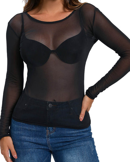 Simple And Sexy Slim-fit See-through Tight Long Sleeve Mesh Top For Women