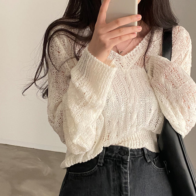 Retro V-neck Thin Cropped Pullover Sweater