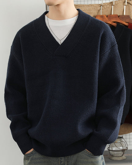 New V-neck Fashion Men's Solid Color Coarse Yarn Knitted Sweater