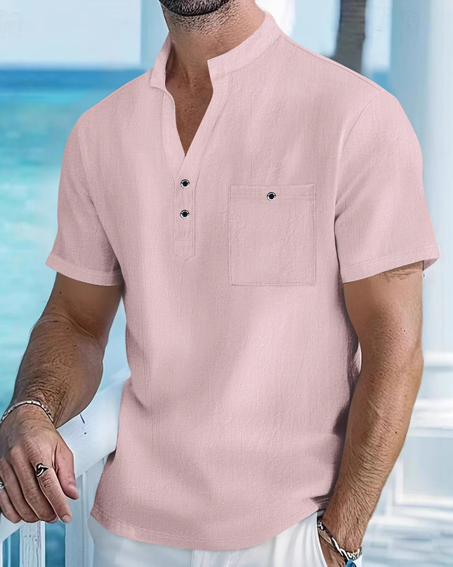 Stand Collar T-shirt Linen Short Sleeve Shirt Men