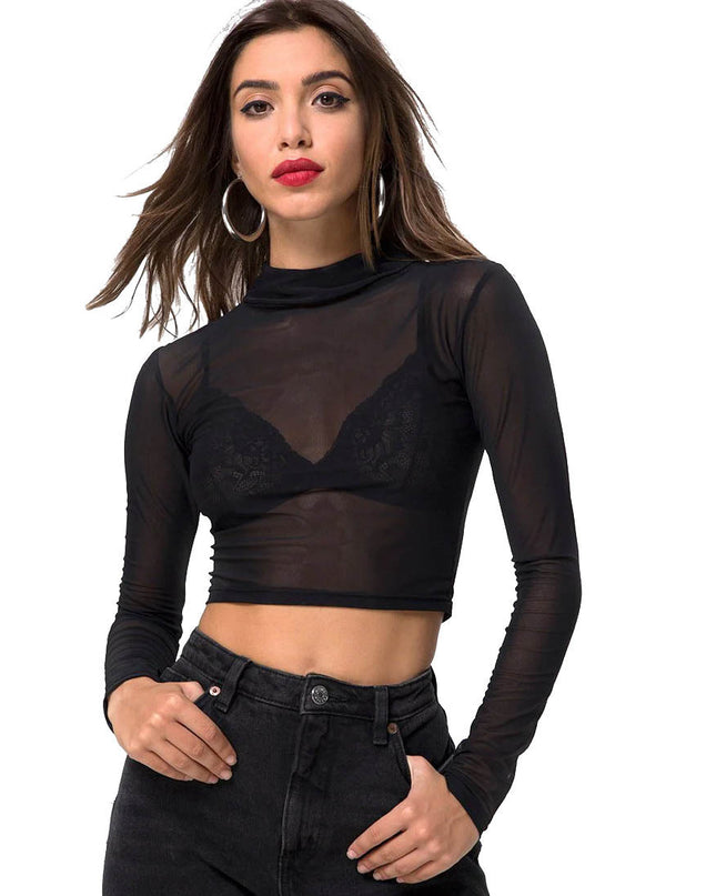 Simple And Sexy Slim-fit See-through Tight Long Sleeve Mesh Top For Women