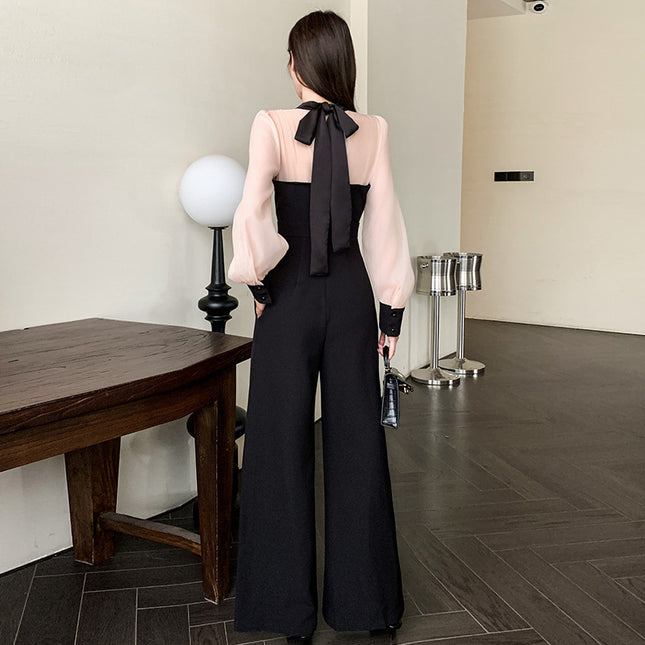 Color Matching Design Lace-up Bow Jumpsuit