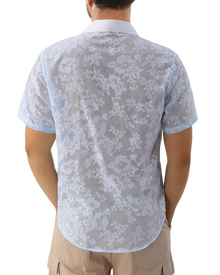 Hawaiian Jacquard Shirt Transparent Cutout Short Sleeve Thin Holiday Beach Shirt