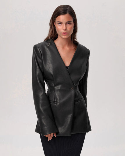 Fashionable Elegant Green V-neck Slim Suit Leather Coat