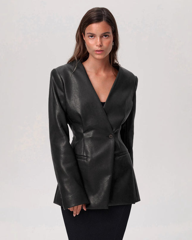 Fashionable Elegant Green V-neck Slim Suit Leather Coat