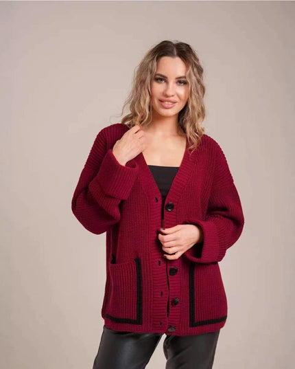 Loose-fitting V-neck Pocket Contrast Color Knitted Cardigan Sweater Coat