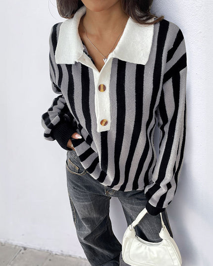 Autumn And Winter Unisex Style Vertical Stripes Lapel Knitted Pullover Sweater Women