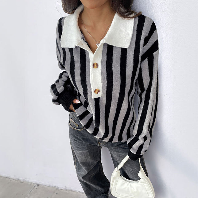 Autumn And Winter Unisex Style Vertical Stripes Lapel Knitted Pullover Sweater Women