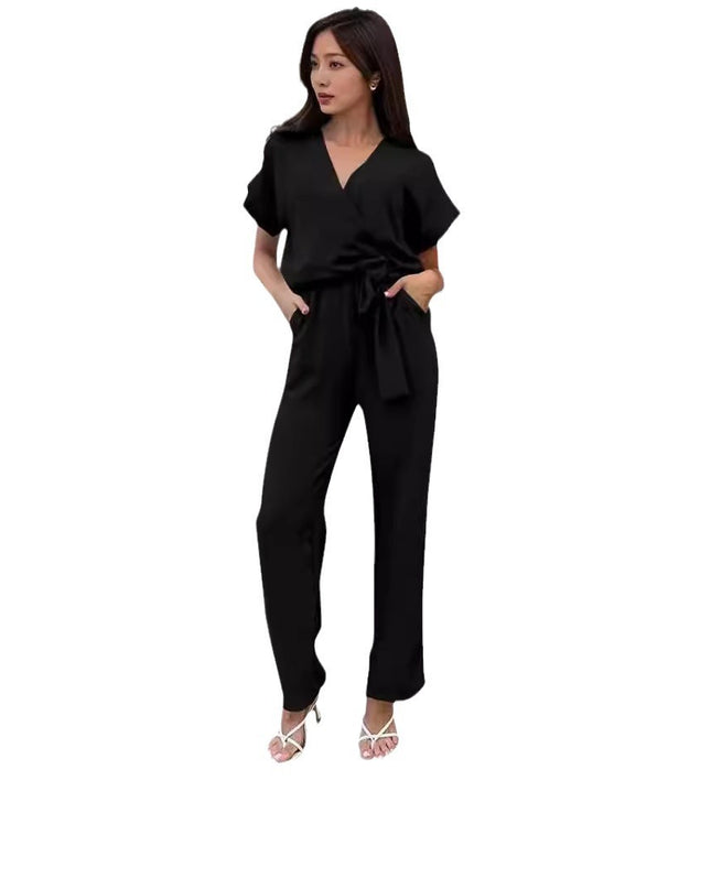 Women's Short-sleeved V-neck Pocket Jumpsuit