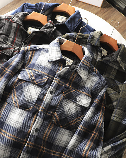 Fleece Lined Padded Warm Keeping Loose Lamb Wool Plaid Shirt