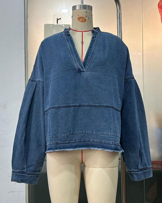 New V-neck Long Sleeve Loose Stitching Denim Long Sleeve Loose All-matching Top