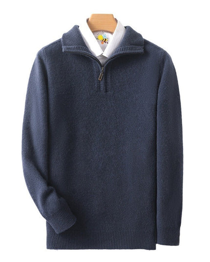 Double-strand Thickened 100 Pure Wool Knit Men's Pullover Lapel Zip-up Shirt
