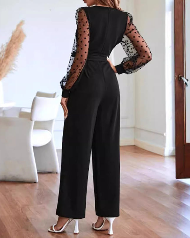 Fashion V-neck Women's Lace Long Sleeve Jumpsuit Belt Elegant Clothing
