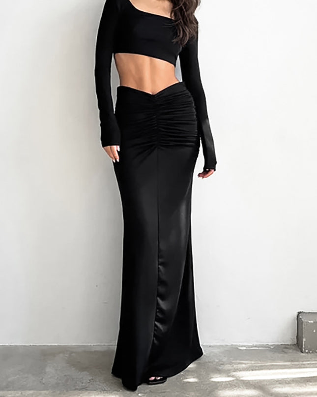 French Fishtail Skirt Black Pleated Sheath Dress Design Sense