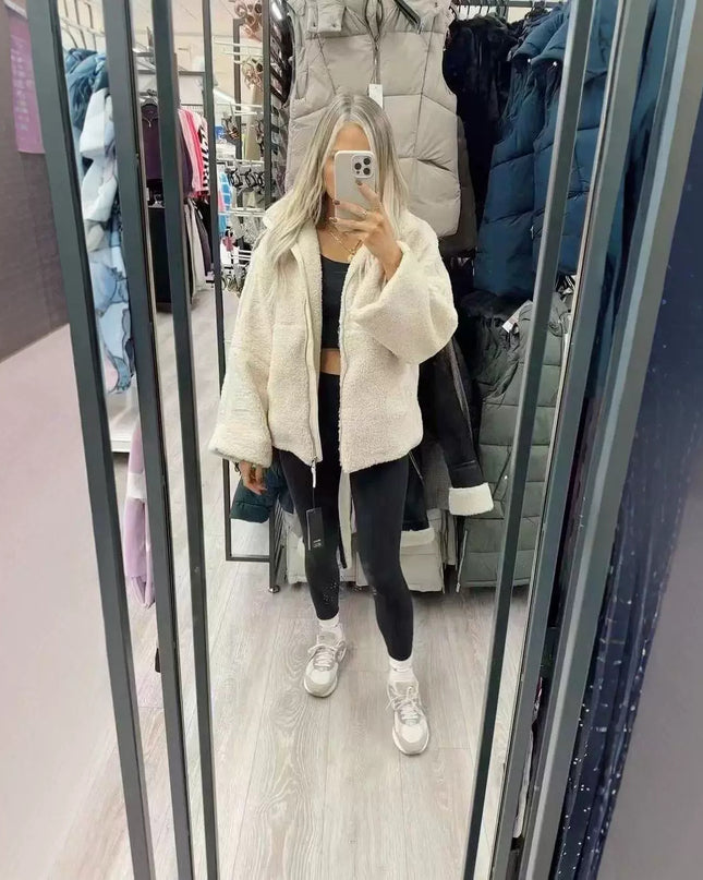 Women's Stand Collar Zipper Idle Style Lamb Wool Casual Cotton-padded Clothes Coat