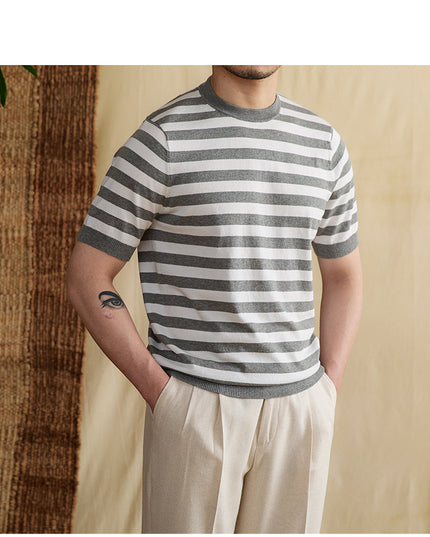 Striped Navy-striped Shirt Breathable Tencel Cotton Round Neck Short Sleeve T-shirt