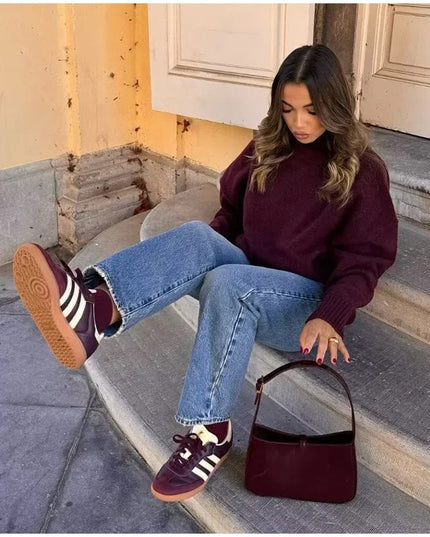 Knitwear Personality Street Vintage Women's Wine Red Turtleneck Sweater