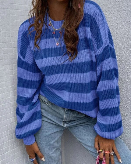 Autumn And Winter New Contrast Color Loose Shoulder Striped Pullover Sweater