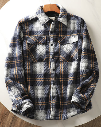 Fleece Lined Padded Warm Keeping Loose Lamb Wool Plaid Shirt