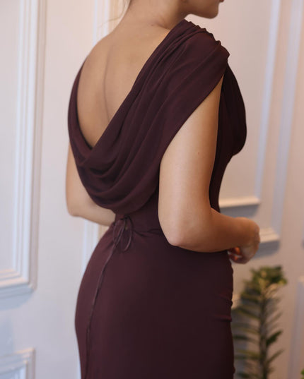 Brown Swoosh Collar Sleeveless Maxi Dress