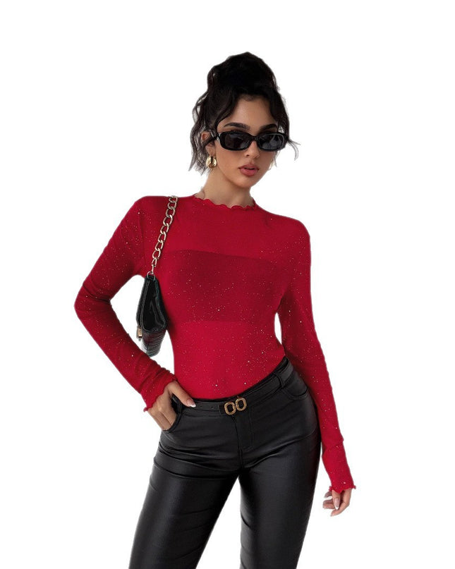European And American Sequined Top Women's Slim-fit Long-sleeved Shiny Bling Commuter Top