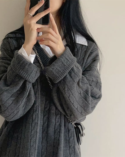V-neck Mid-length Sweater Thick Long-sleeved Knitted Top